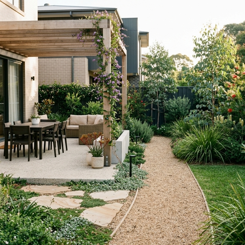 Outdoor flooring options in a Sydney backyard showing a textured patio, stone zones and a gravel path.