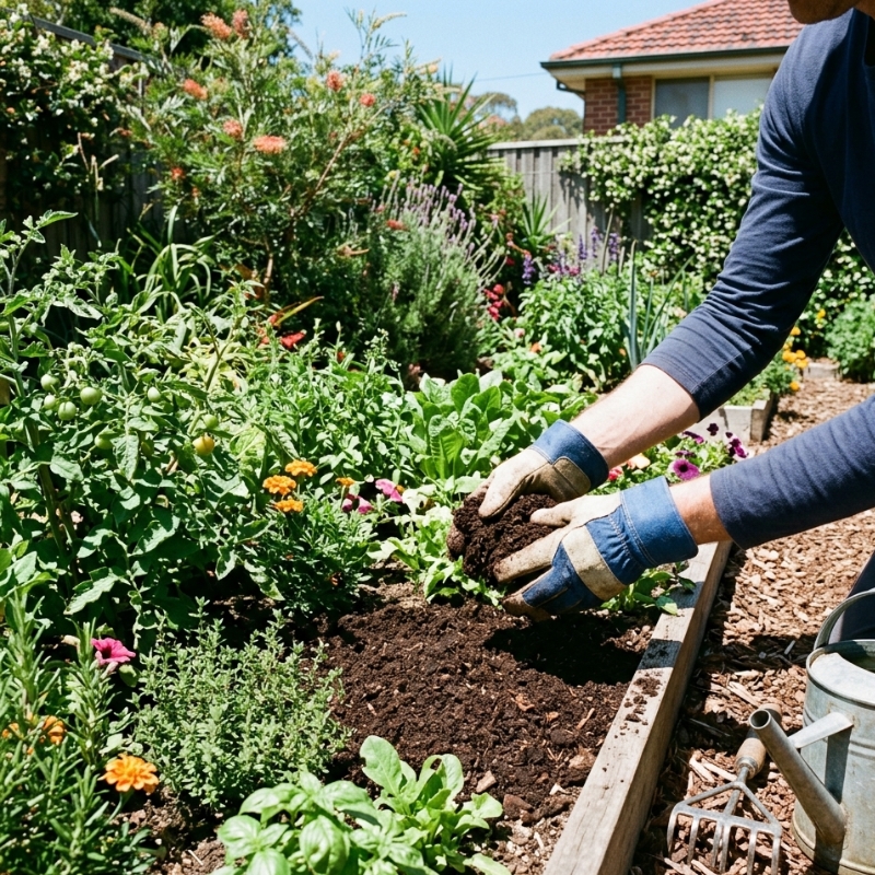 Gardener top dressing a Sydney garden bed with finished compost to improve soil organic matter.