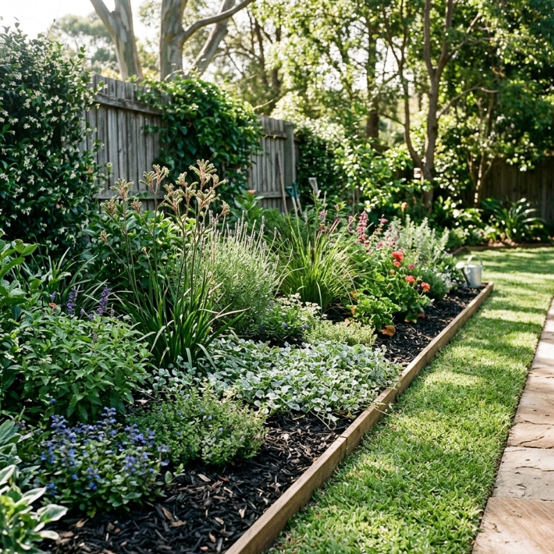 Sydney garden bed with mulch, groundcovers and a clean lawn edge to reduce unwanted regrowth.