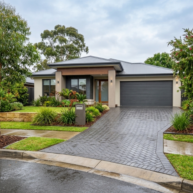 Interlocking driveway layout near a Sydney garage designed to resist shifting and rutting