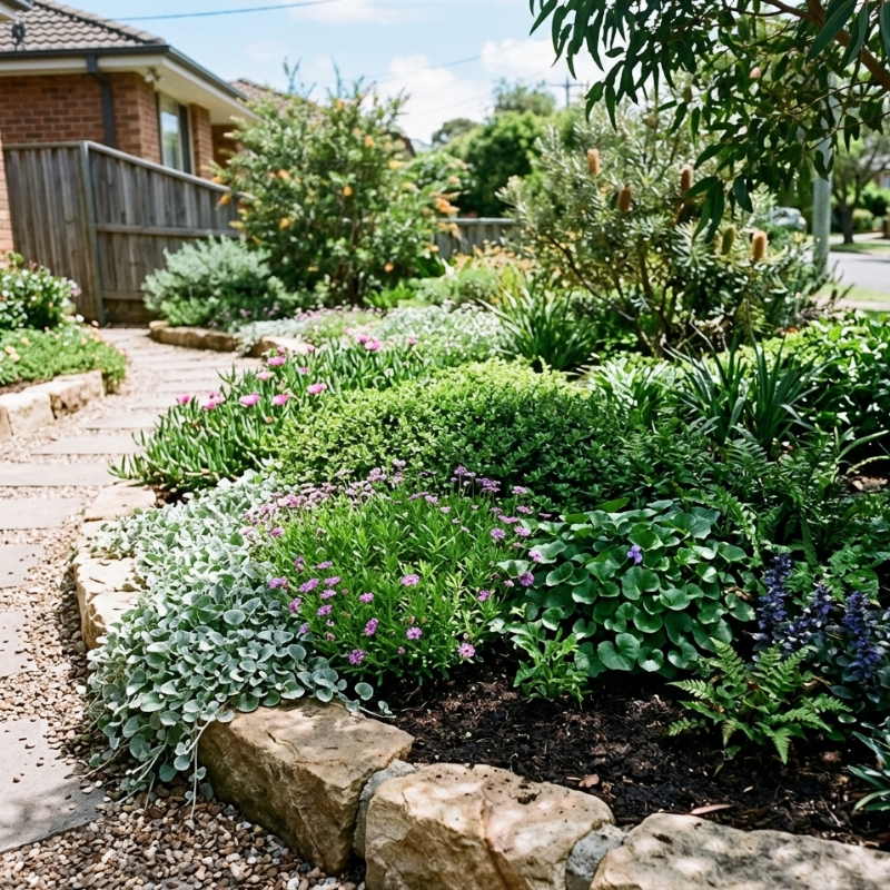 Low-maintenance ground covers in a Sydney garden bed creating dense coverage to suppress weeds.