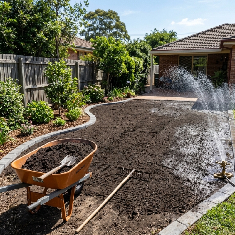 Levelled soil and edging in a Sydney backyard being prepared for a new lawn before turf installation