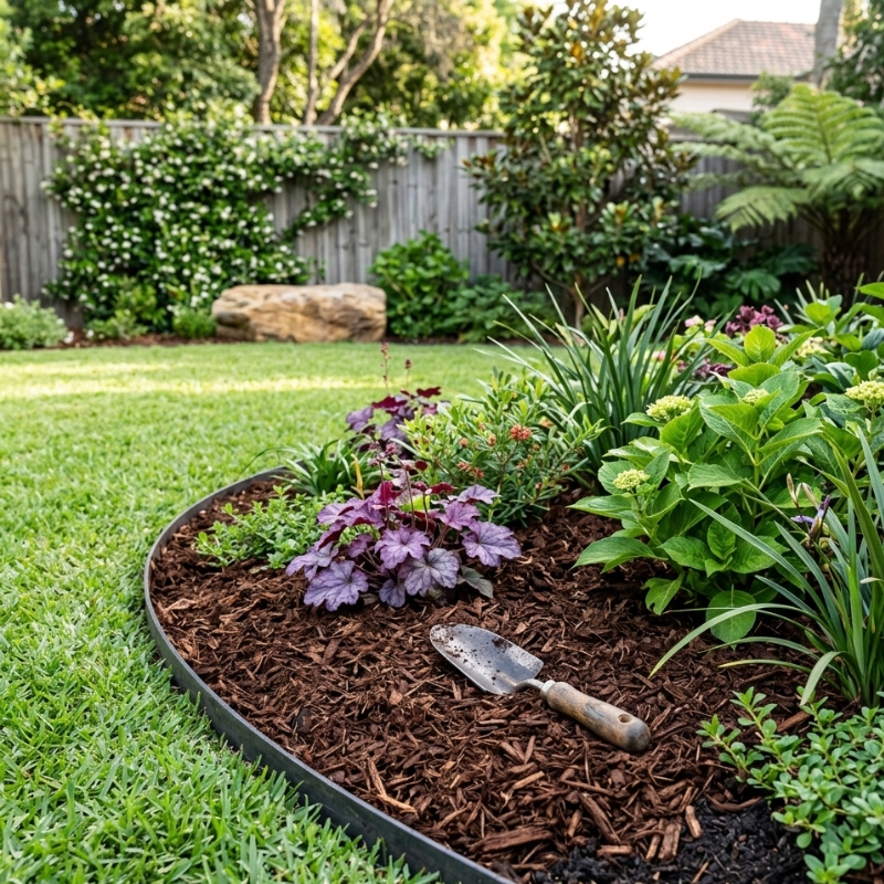 Mulched Sydney garden bed with neat edging to prevent unwanted plants taking over.