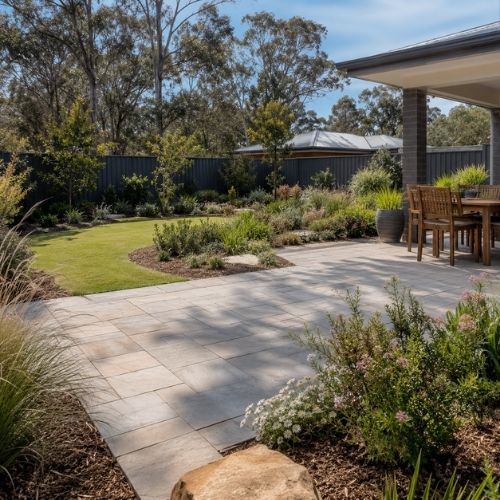 Finished backyard landscaping with paved patio and native garden, berkshire-park