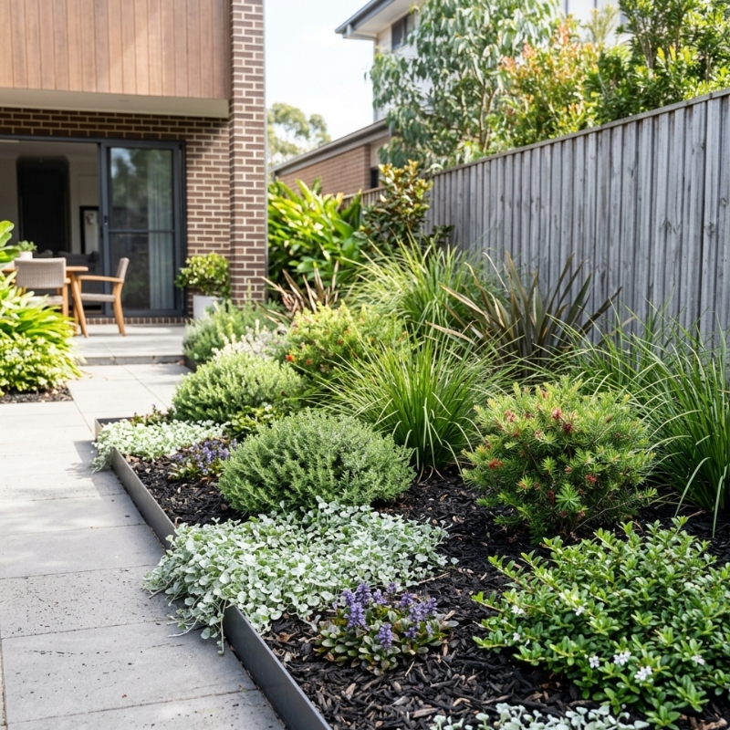 Low-maintenance Sydney garden bed with mounded shrubs, clumping grasses and groundcovers over fresh mulch.