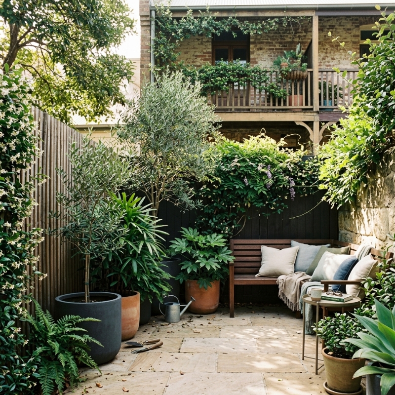 Sydney courtyard garden with privacy screening, shade-friendly plants in large pots, and low-mess planting design.