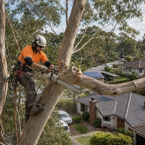 Licensed arborist cutting a large gum tree branch in Sydney suburb in kemps-creek