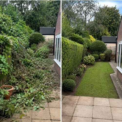 Before and after garden tidy-up showing waste removal and pruning in erskine-park
