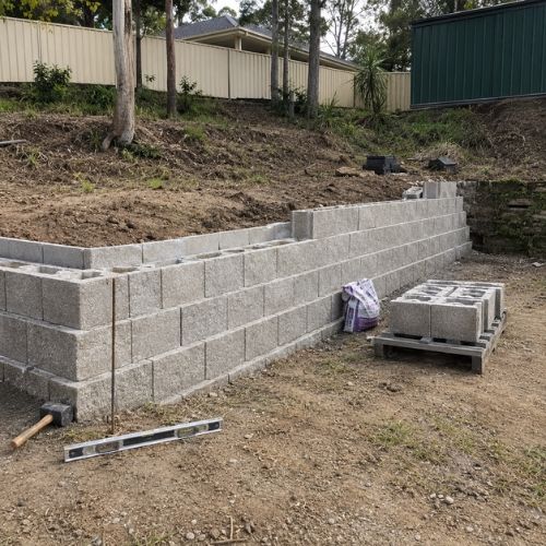 Retaining wall under construction using concrete blocks in Agnes Banks backyard