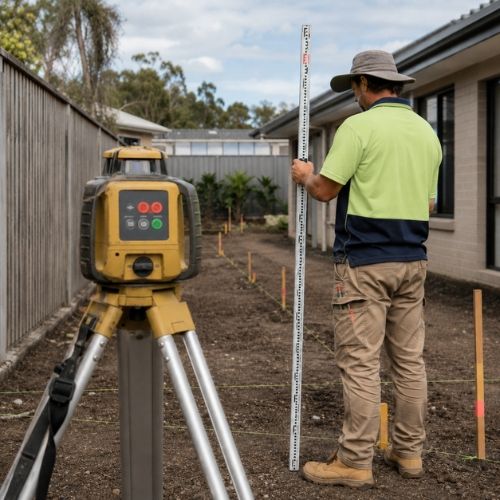 Licensed landscaper (353827C) measuring site levels before landscape construction