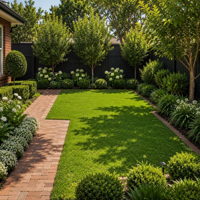 A well-maintained backyard with a lush green lawn, trimmed shrubs, flowering plants and feature trees showcasing professional Garden Maintenance.