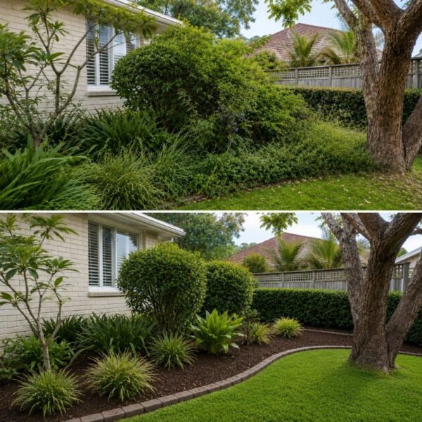Before and after Garden Maintenance showing overgrown shrubs transformed into a tidy landscaped garden with trimmed plants and fresh mulch.