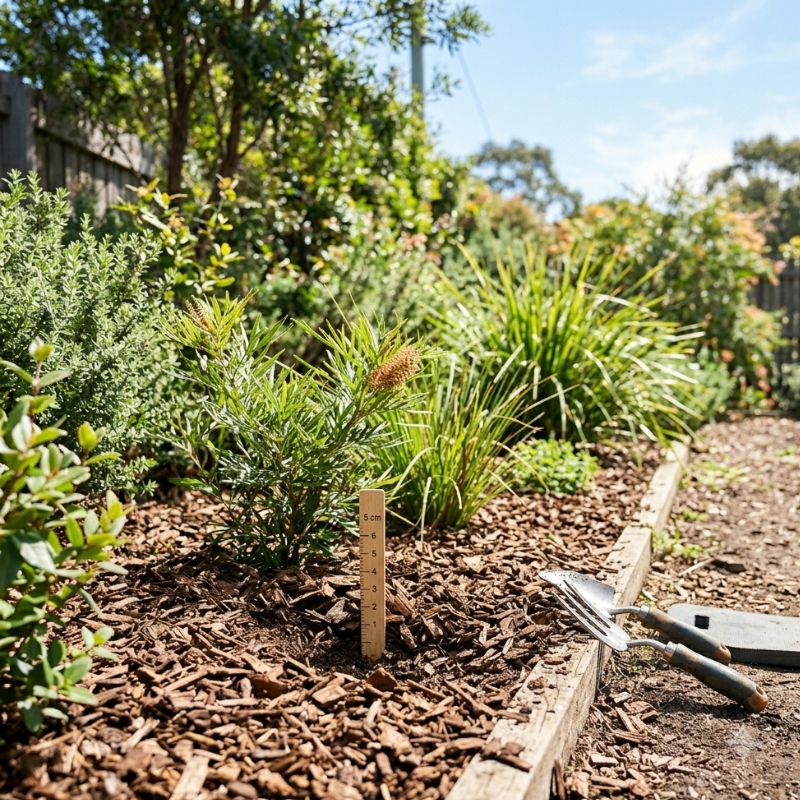 Sydney gardener correcting mulch depth around native plants