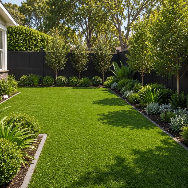 A landscaped backyard with a manicured lawn, trimmed shrubs, feature trees and garden beds maintained through professional Garden Maintenance.