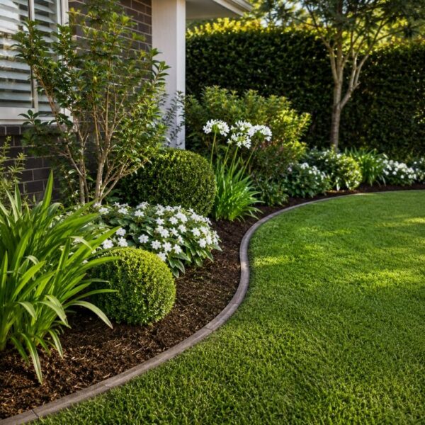 A landscaped garden with manicured lawn, trimmed shrubs, feature trees, garden edging and mulch maintained through professional Garden Maintenance.