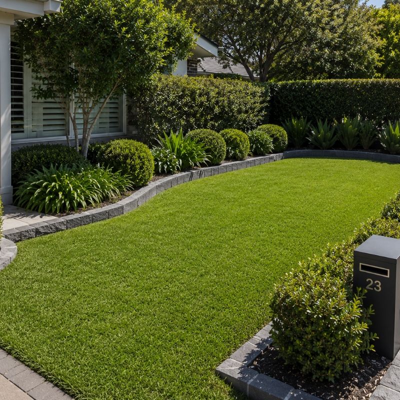 A residential front garden with a manicured lawn, trimmed hedges, shaped shrubs and garden edging maintained through professional Garden Maintenance.