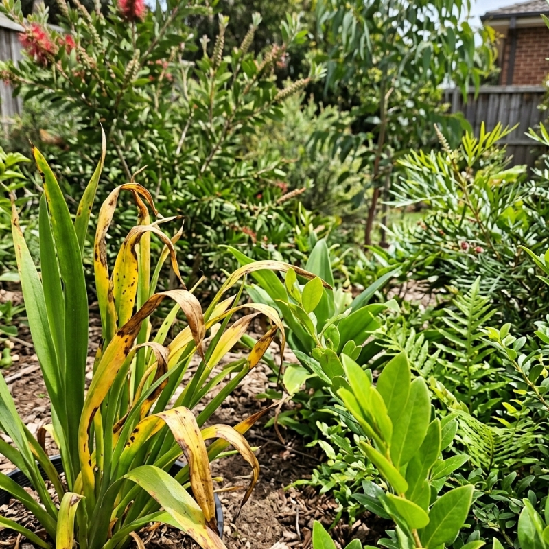 Healthy and stressed plants side by side in a Sydney garden illustrating early warning signs of poor plant health.