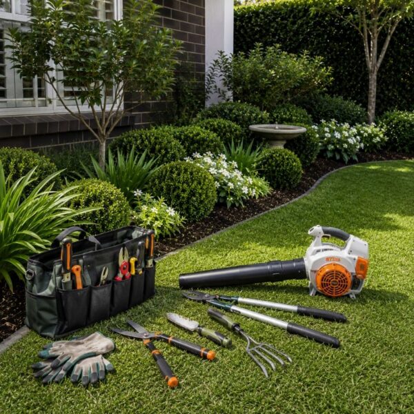 Garden Maintenance tools including a leaf blower, hedge trimmers, hand tools and gloves arranged on a manicured lawn beside garden beds.