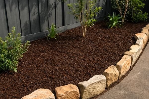 Same garden bed with fresh mulch spread evenly at the right depth and tidy edges