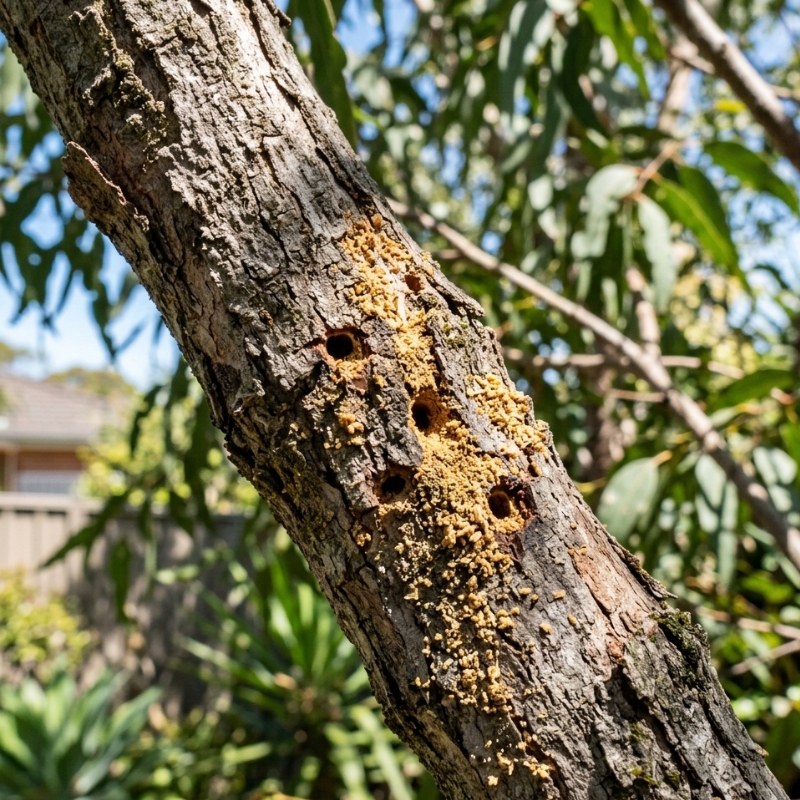 Close-up of gum tree branch in Sydney showing early borer holes and sawdust frass.