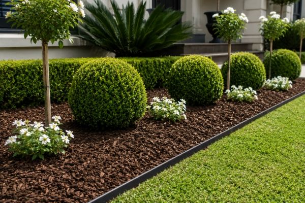 Bark mulch finish on a formal front garden bed with clean edge