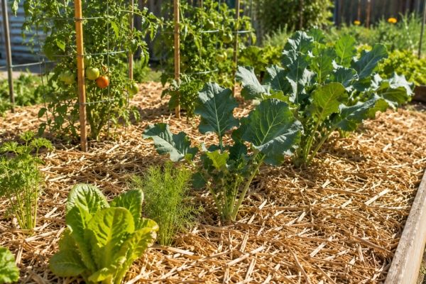 Sugar cane mulch laid around vegetable garden plantings