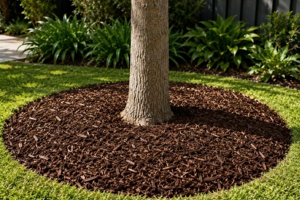 Mulch ring around a tree base kept clear of the trunk