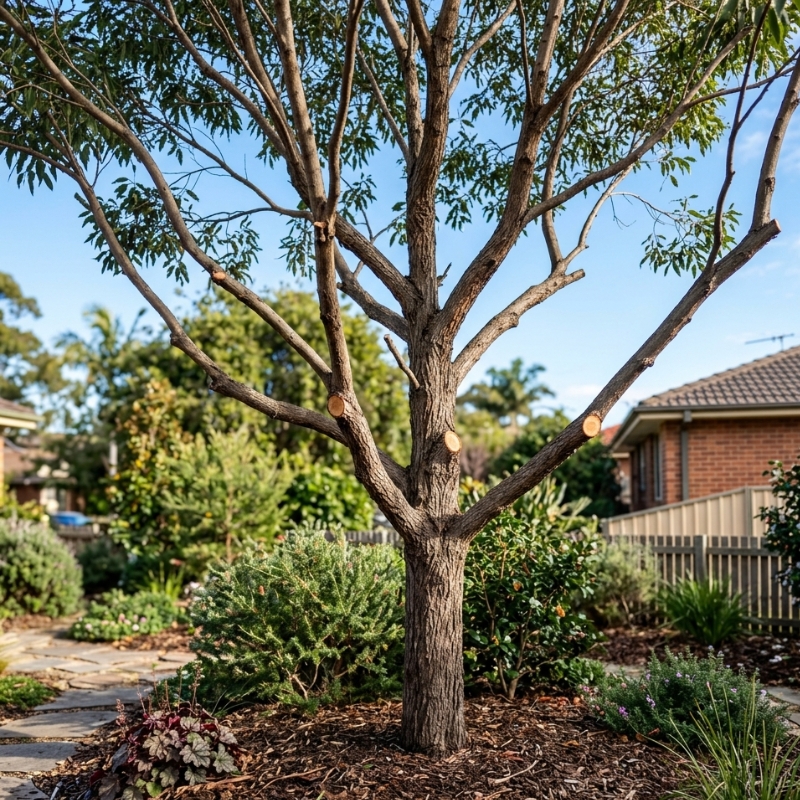Safe winter tree pruning on a healthy Sydney garden tree with clean branch cuts and dormant winter foliage