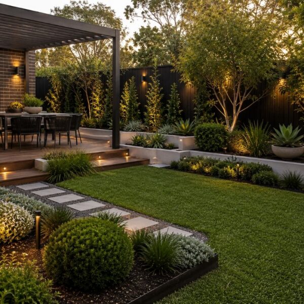 A modern landscaped backyard with a manicured lawn, garden beds, feature lighting and outdoor entertaining area maintained through professional Garden Maintenance.