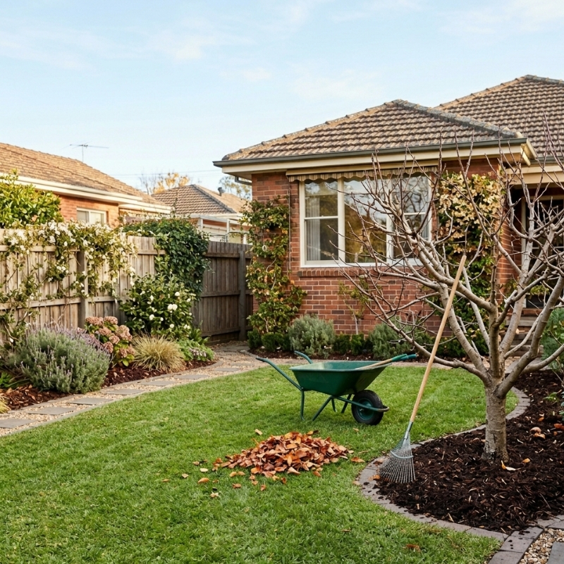 Sydney backyard after winter garden maintenance with pruned tree and mulched beds