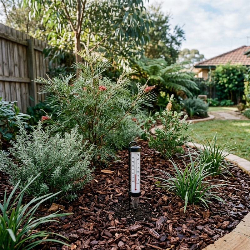Fresh bark mulch insulating Sydney garden bed during winter