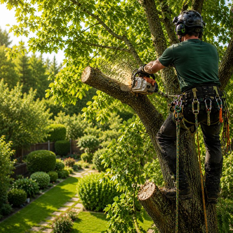 Licensed arborist cutting a large gum tree branch in Sydney suburb in rooty-hill