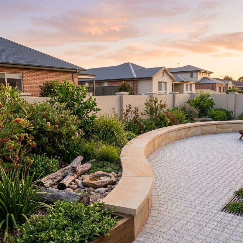 Curved sandstone retaining wall with built-in seating beside permeable paved courtyard in a Sydney garden.