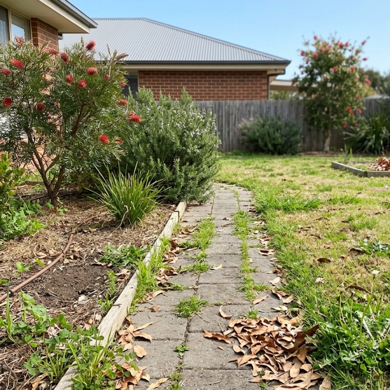 Early signs of a Sydney garden needing a seasonal clean-up with overgrown lawn edges, weeds, patchy grass and thinning mulch.