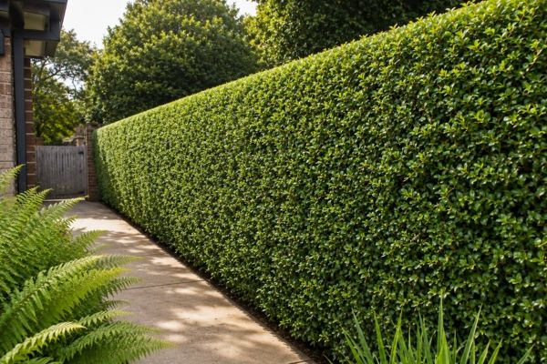 Same hedge trimmed to a crisp even shape after professional hedge trimming