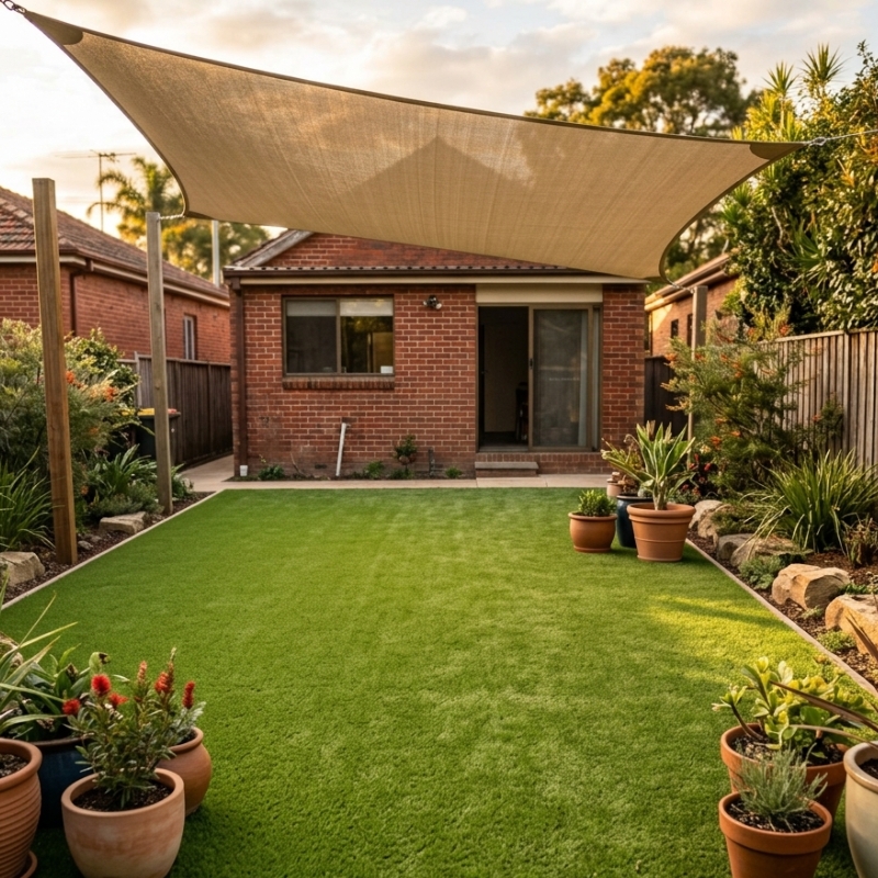 Artificial grass installed over concrete in a Sydney courtyard with shade sail.