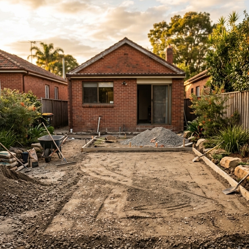 Compacted road-base layer for a new Sydney backyard patio being prepared for paving.