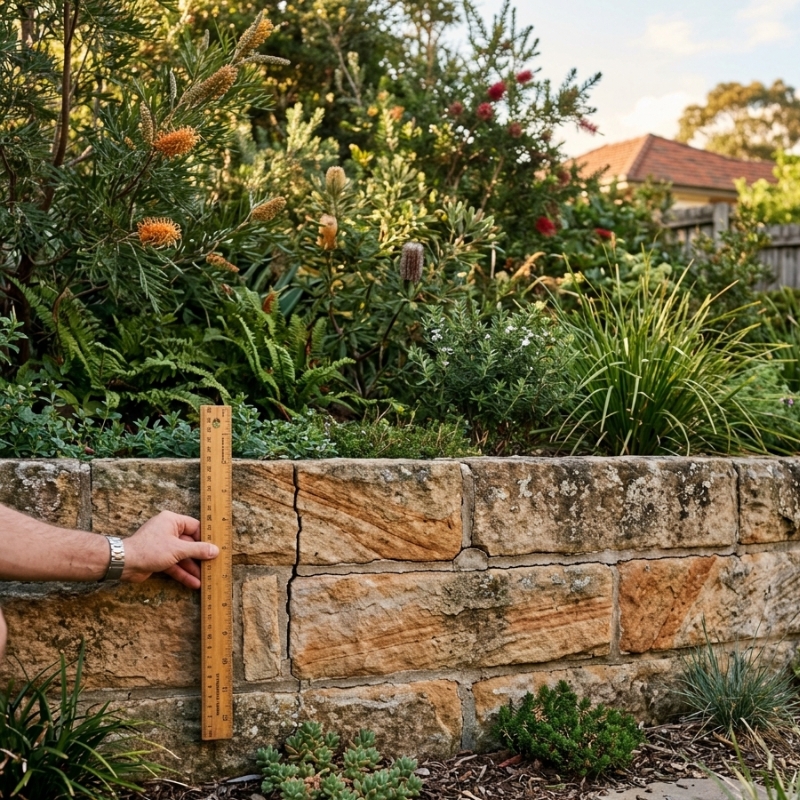 Hairline crack in Sydney retaining wall with ruler indicating width
