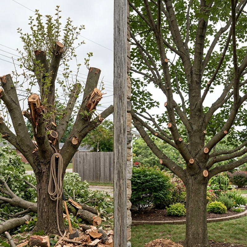 Difference between tree pruning and tree lopping shown by heavily lopped tree beside professionally pruned healthy tree.