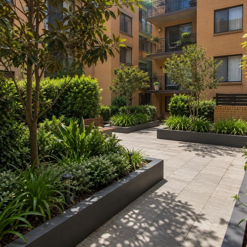Durable apartment courtyard planting in Auburn