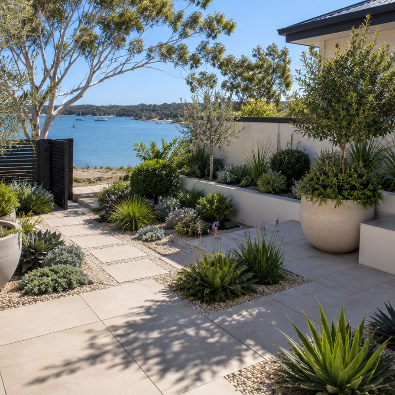 Low-maintenance courtyard garden on a Bayside foreshore block