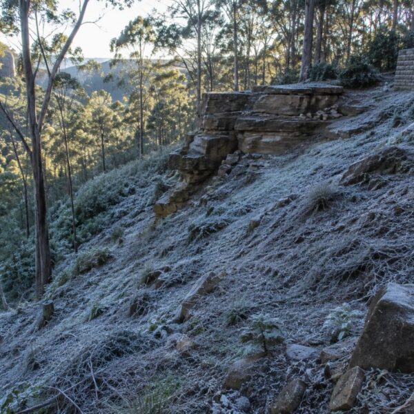 Frosty steep sandstone block in the Blue Mountains before landscaping