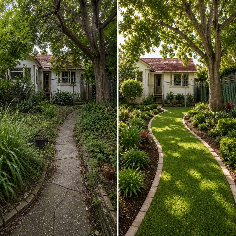 Before and after of a renewed established Canterbury garden