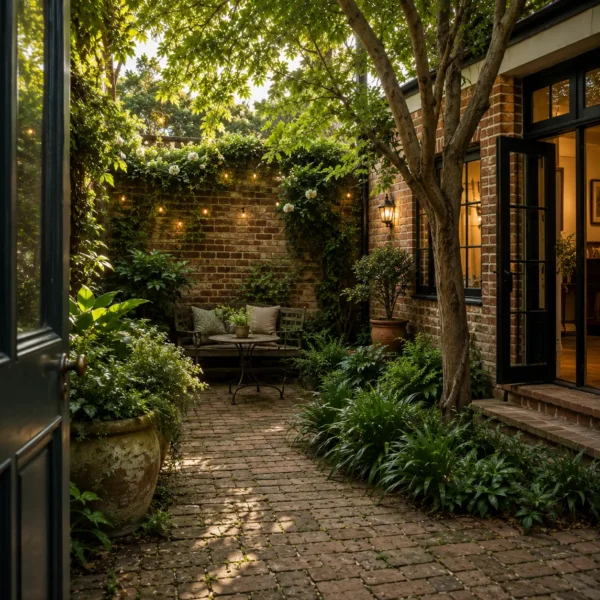 Narrow shaded terrace courtyard in the Inner West before landscaping