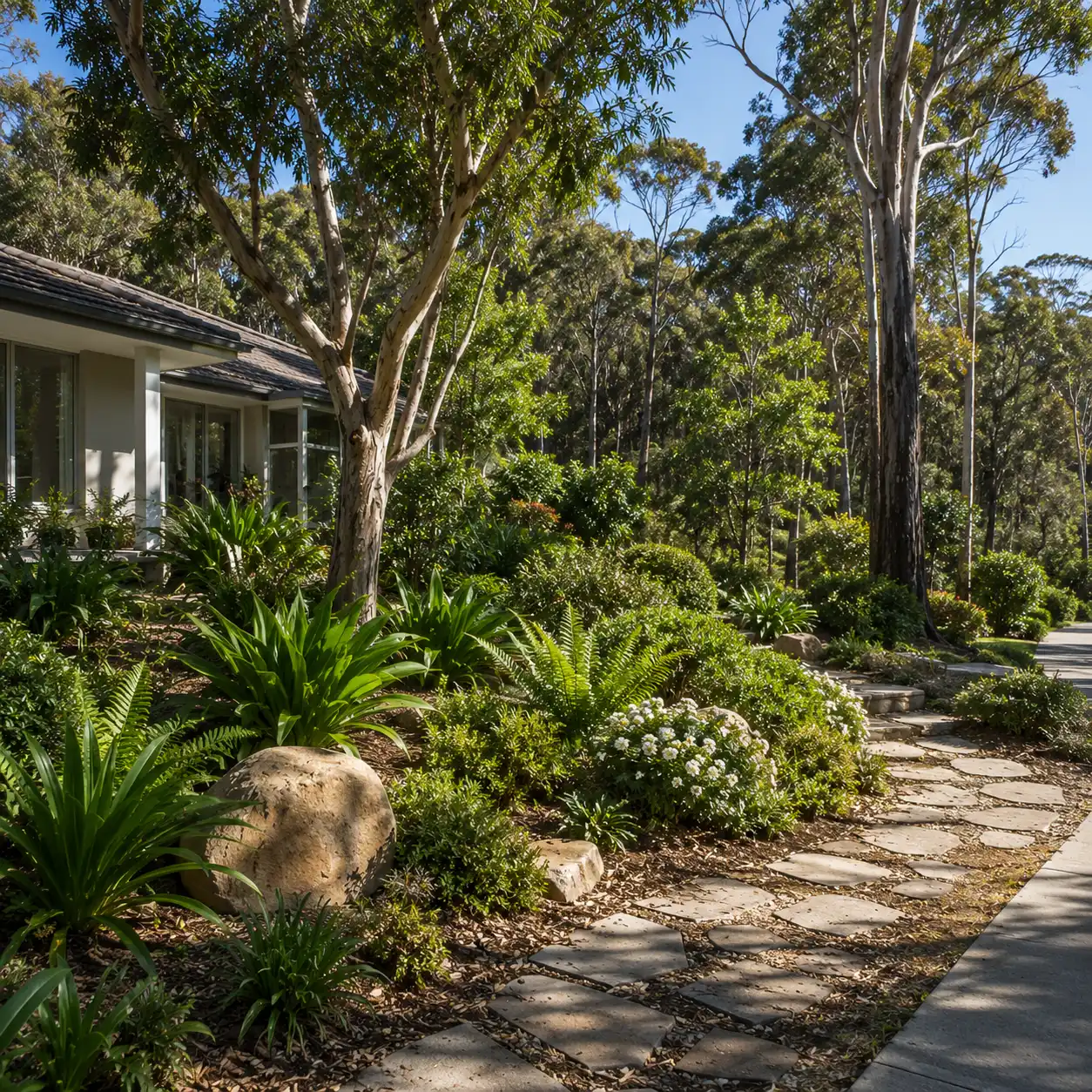 Garden planted to complement a protected forest edge in Ku-ring-gai