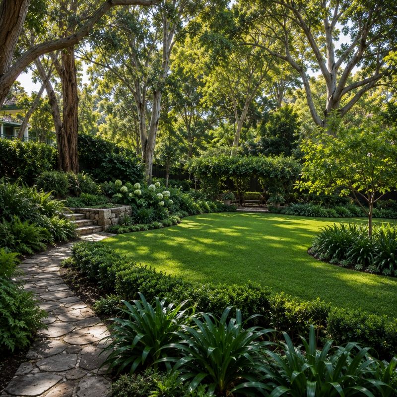 Established garden framed by mature canopy on the North Shore