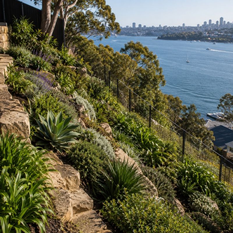 Planting holding a steep harbour slope in North Sydney