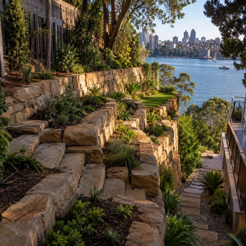 Sandstone retaining creating levels on a North Sydney block