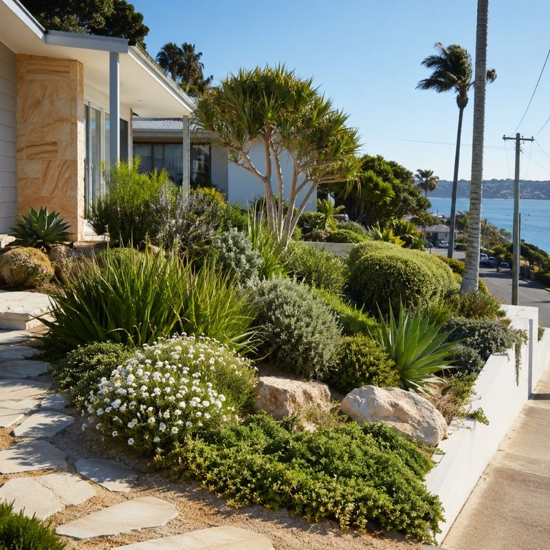 Wind-firm coastal frontage on a Northern Beaches block planted with salt-tolerant natives