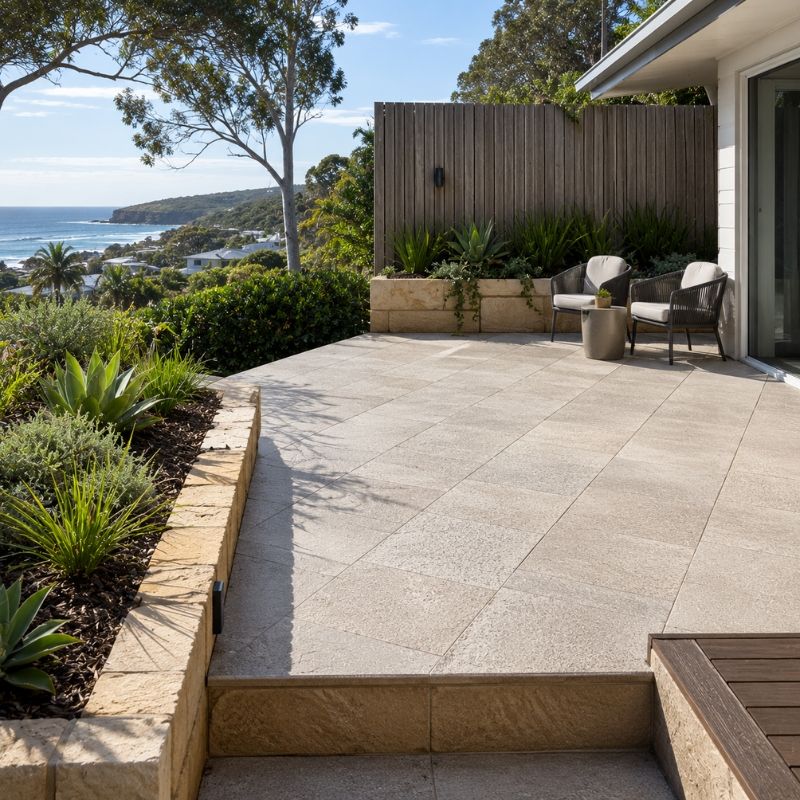 Non-slip coastal paving on a Northern Beaches patio built on a retained base